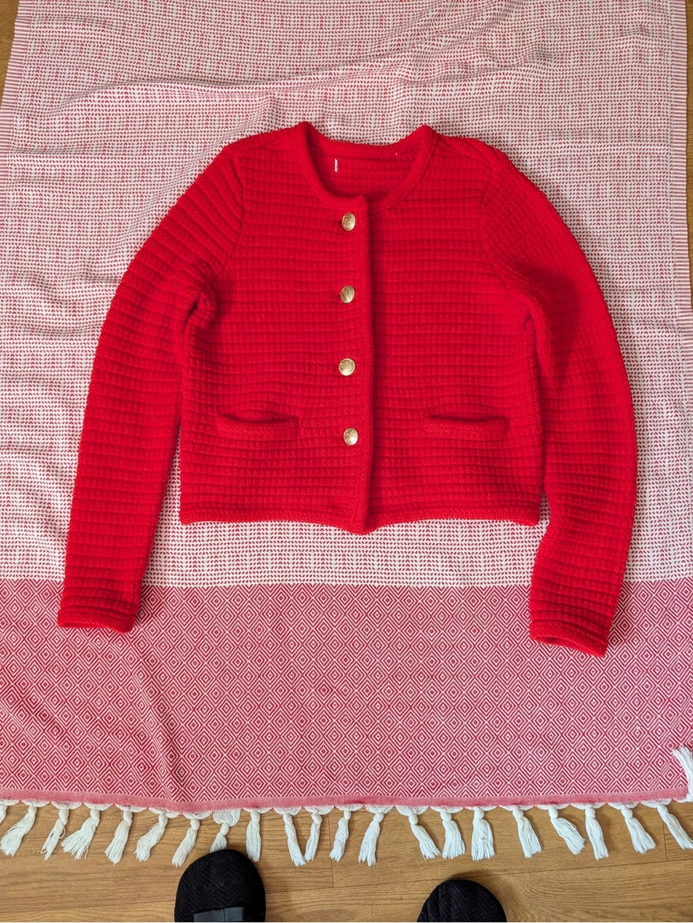 Red Waffle-Knit Button Front Women's Sweater Jacket